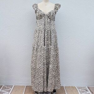 Endless Rose Cream & Black Leopard Print Tiered Maxi Dress w/Ruffled Sleeve Sz S